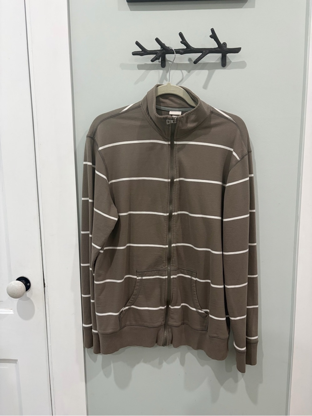 Men’s Large Taupe and White Striped Full-Zip Sweater Merona